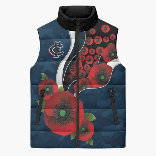 Carlton Blues ANZAC Personalised Sleeveless Puffer Jacket Lest We Forget Poppy Camo