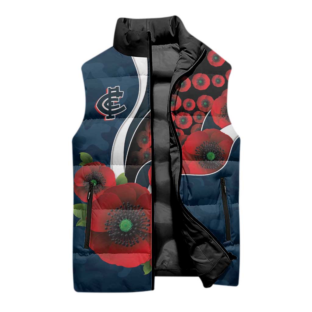 Carlton Blues ANZAC Personalised Sleeveless Puffer Jacket Lest We Forget Poppy Camo