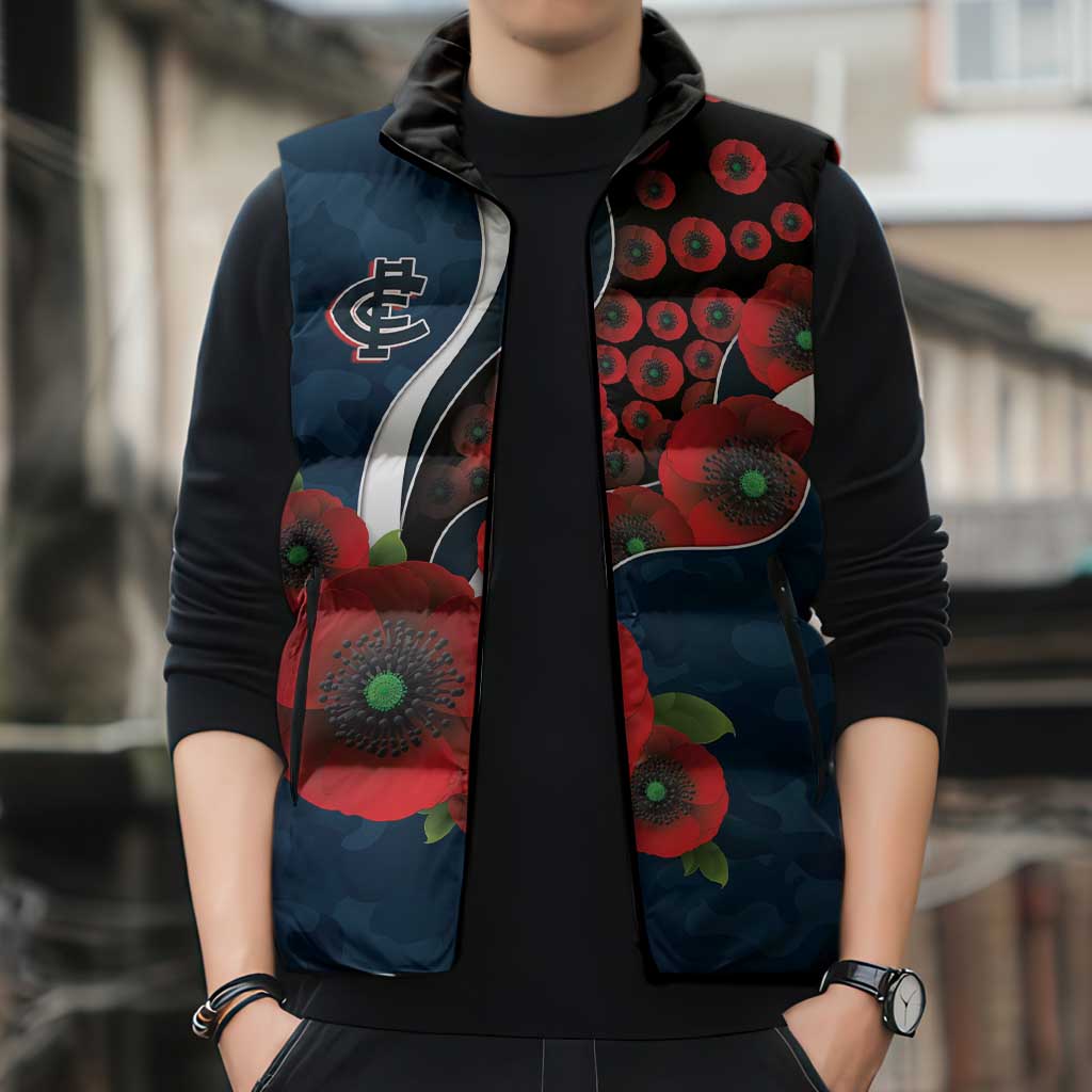 Carlton Blues ANZAC Personalised Sleeveless Puffer Jacket Lest We Forget Poppy Camo