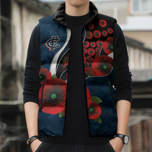 Carlton Blues ANZAC Personalised Sleeveless Puffer Jacket Lest We Forget Poppy Camo