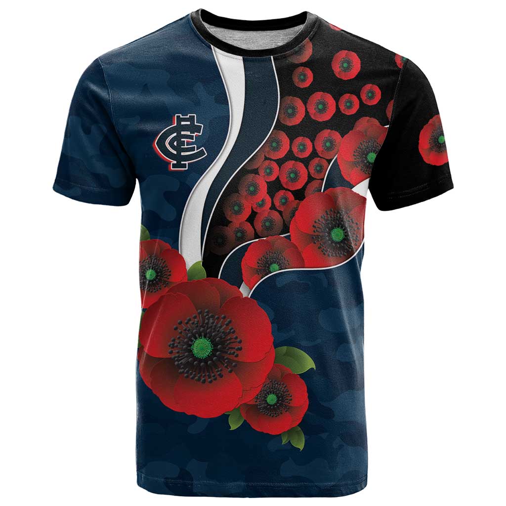 Carlton Blues ANZAC Personalised T Shirt Lest We Forget Poppy Camo