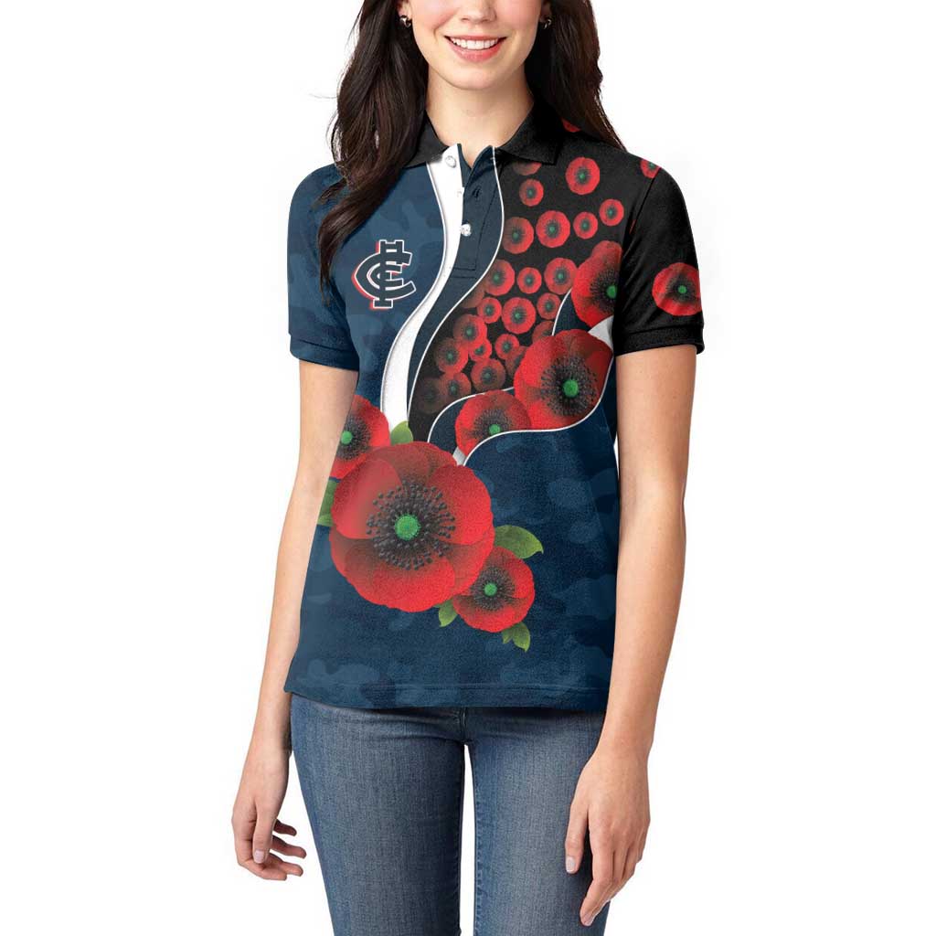 Carlton Blues ANZAC Personalised Women Polo Shirt Lest We Forget Poppy Camo
