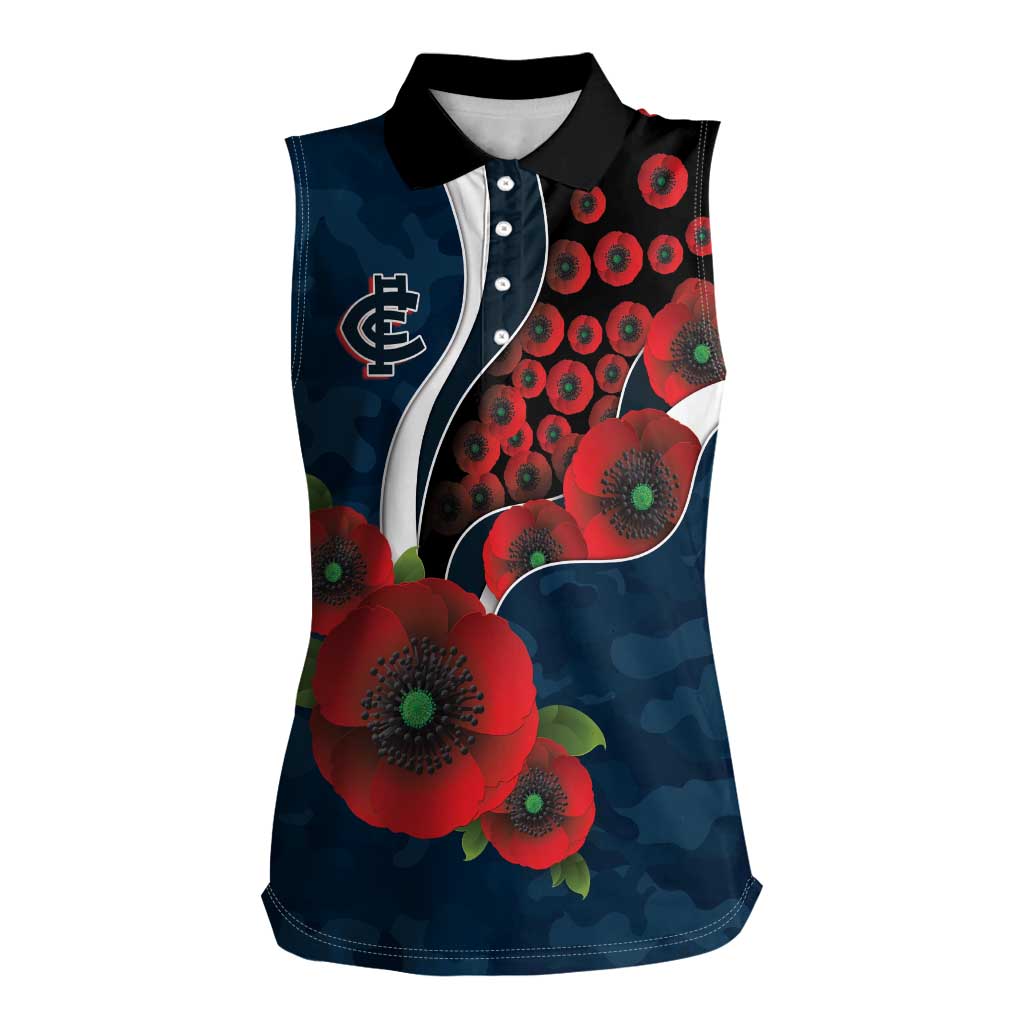 Carlton Blues ANZAC Personalised Women Sleeveless Polo Shirt Lest We Forget Poppy Camo
