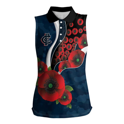 Carlton Blues ANZAC Personalised Women Sleeveless Polo Shirt Lest We Forget Poppy Camo