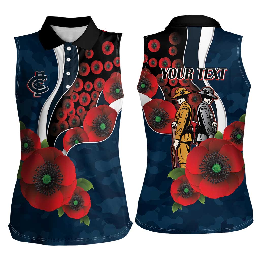 Carlton Blues ANZAC Personalised Women Sleeveless Polo Shirt Lest We Forget Poppy Camo