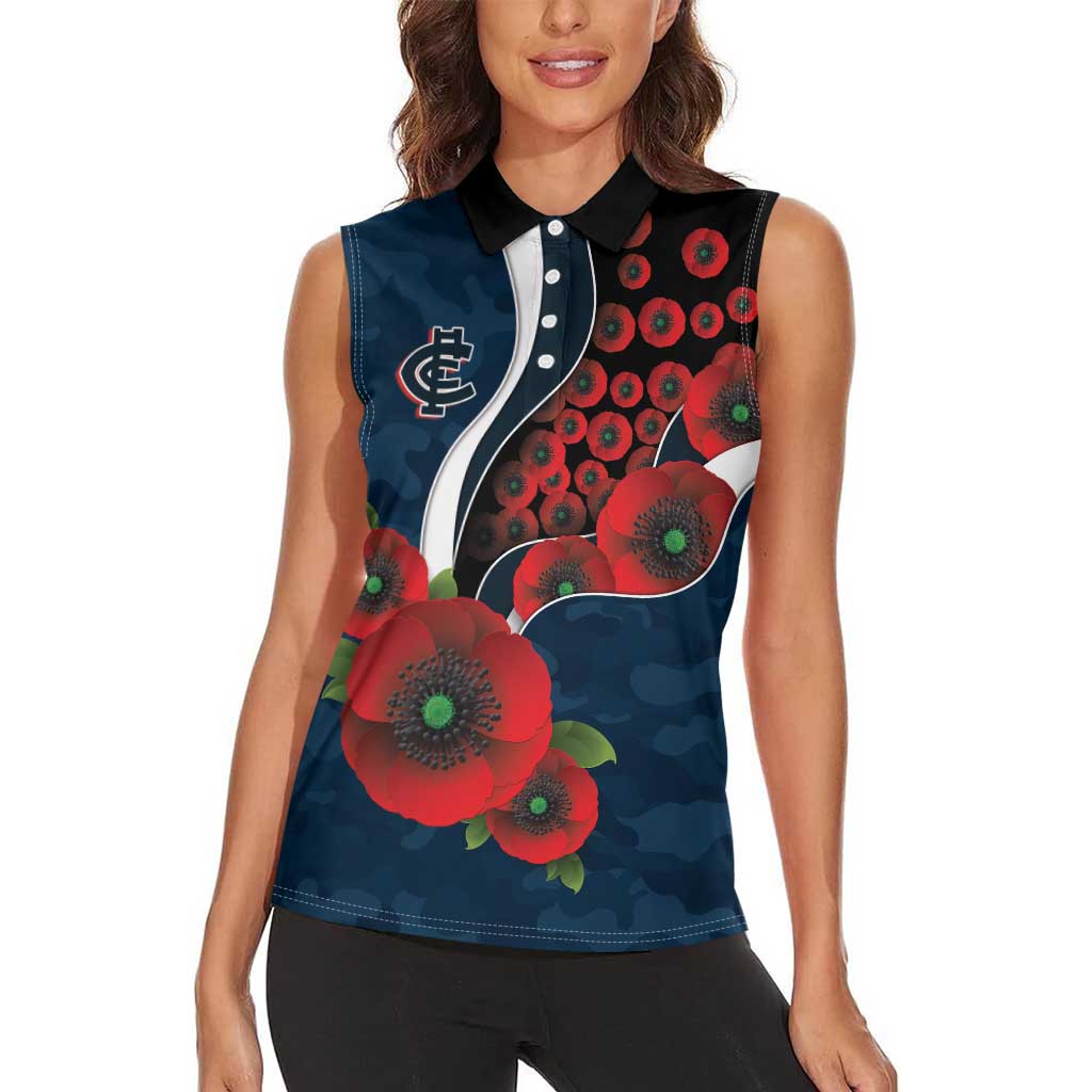 Carlton Blues ANZAC Personalised Women Sleeveless Polo Shirt Lest We Forget Poppy Camo