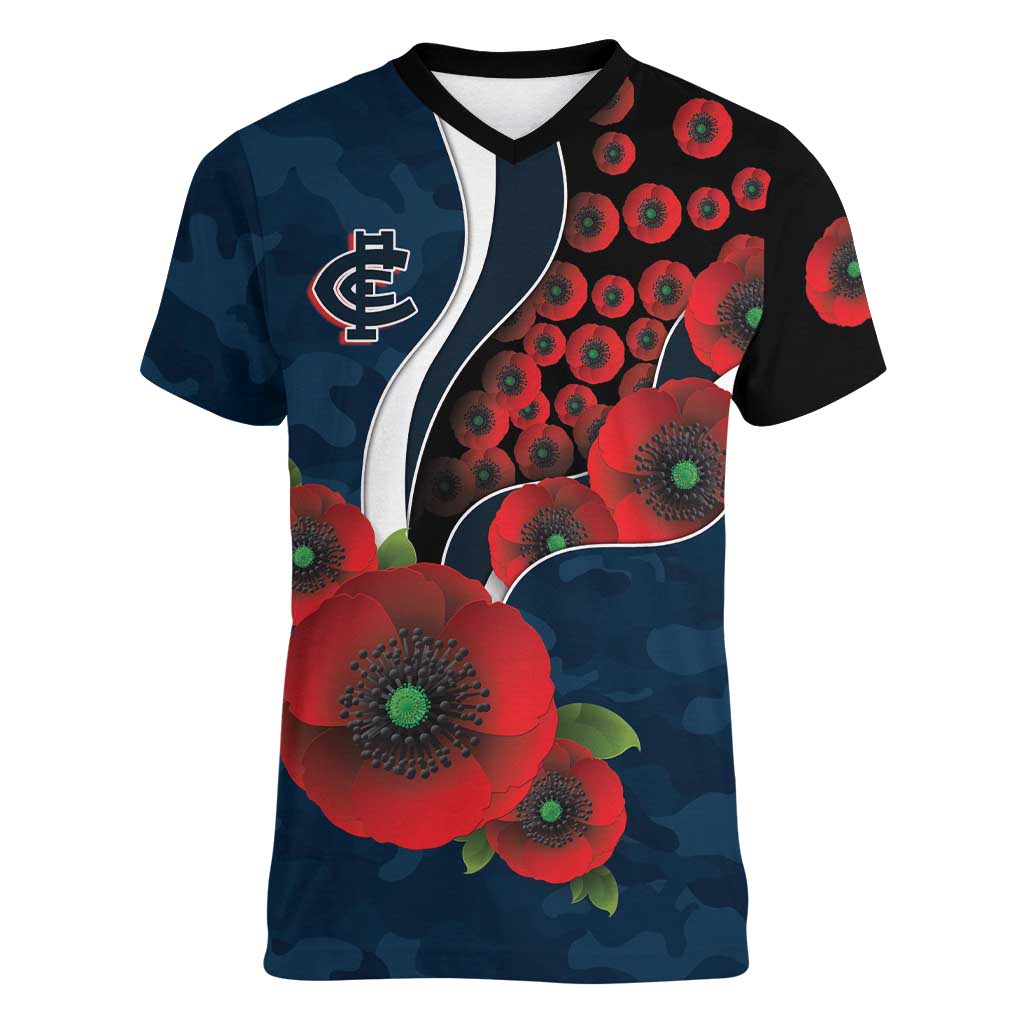 Carlton Blues ANZAC Personalised Women V-Neck T-Shirt Lest We Forget Poppy Camo