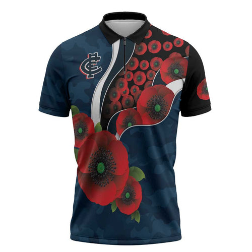Carlton Blues ANZAC Personalised Zipper Polo Shirt Lest We Forget Poppy Camo