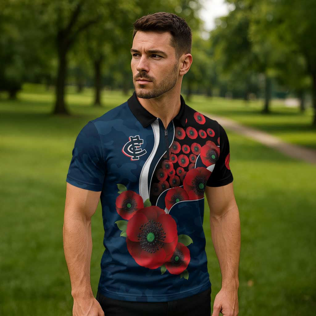 Carlton Blues ANZAC Personalised Zipper Polo Shirt Lest We Forget Poppy Camo
