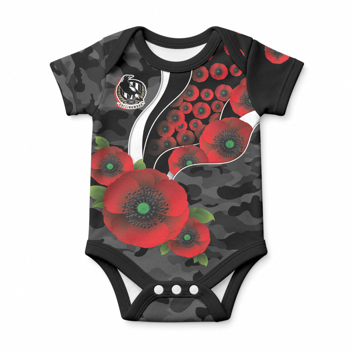 Collingwood Magpies ANZAC Personalised Baby Onesie Lest We Forget Poppy Camo