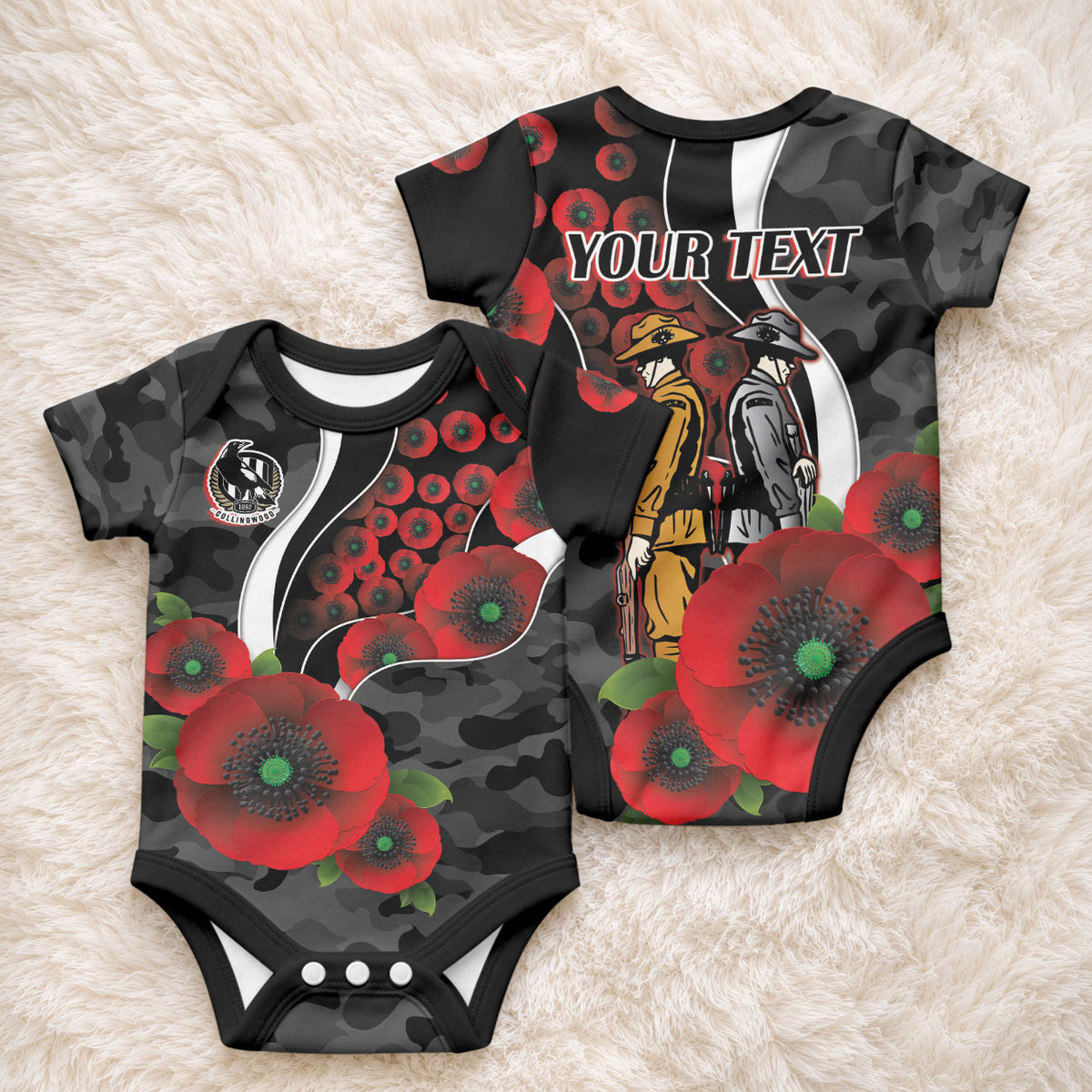 Collingwood Magpies ANZAC Personalised Baby Onesie Lest We Forget Poppy Camo