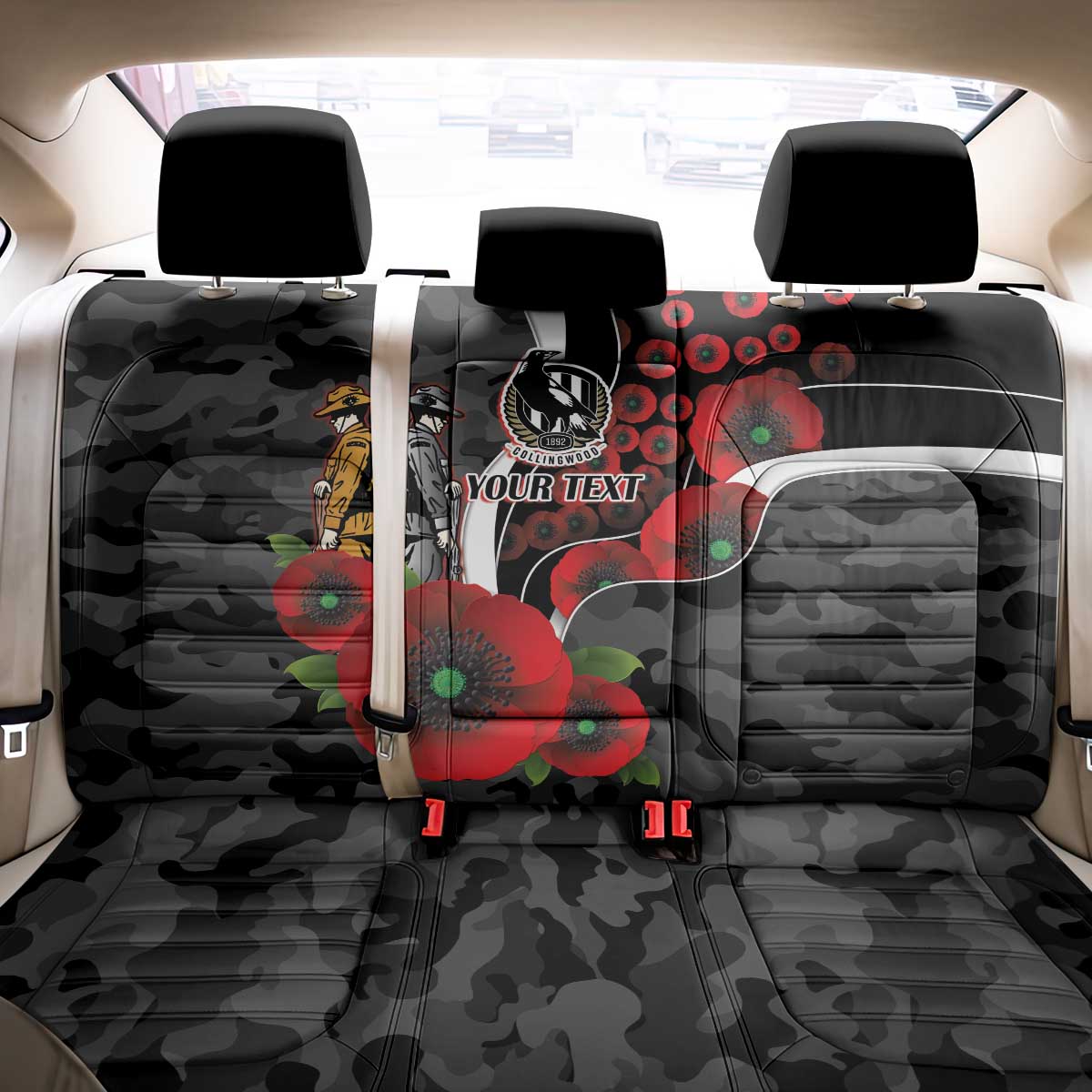 Collingwood Magpies ANZAC Personalised Back Car Seat Cover Lest We Forget Poppy Camo