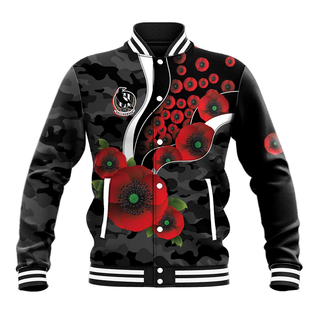 Collingwood Magpies ANZAC Personalised Baseball Jacket Lest We Forget Poppy Camo