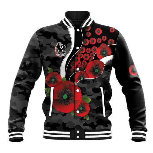 Collingwood Magpies ANZAC Personalised Baseball Jacket Lest We Forget Poppy Camo