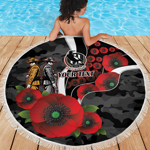Collingwood Magpies ANZAC Personalised Beach Blanket Lest We Forget Poppy Camo