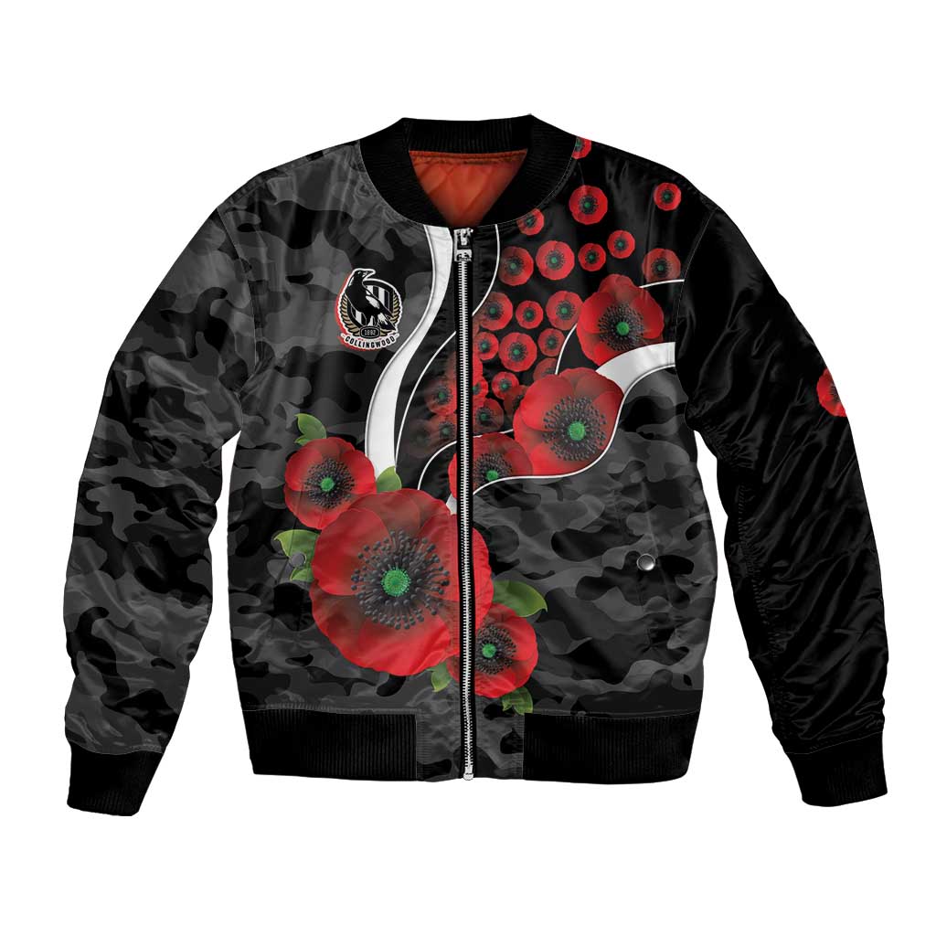 Collingwood Magpies ANZAC Personalised Bomber Jacket Lest We Forget Poppy Camo