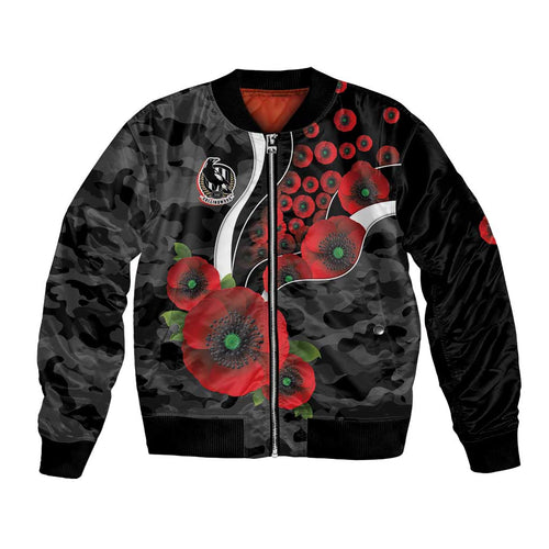 Collingwood Magpies ANZAC Personalised Bomber Jacket Lest We Forget Poppy Camo