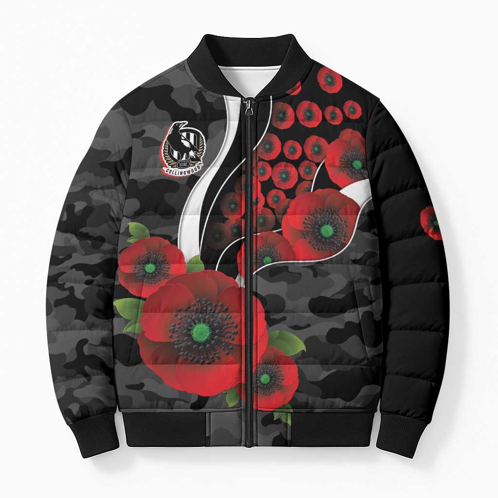 Collingwood Magpies ANZAC Personalised Bomber Puffer Jacket Lest We Forget Poppy Camo