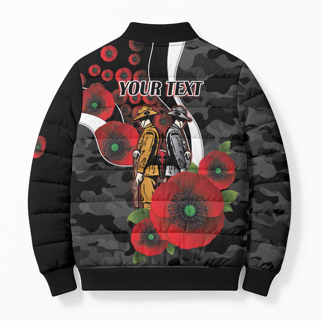 Collingwood Magpies ANZAC Personalised Bomber Puffer Jacket Lest We Forget Poppy Camo