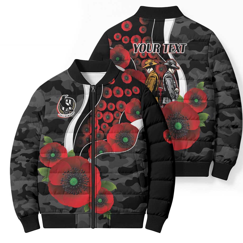 Collingwood Magpies ANZAC Personalised Bomber Puffer Jacket Lest We Forget Poppy Camo