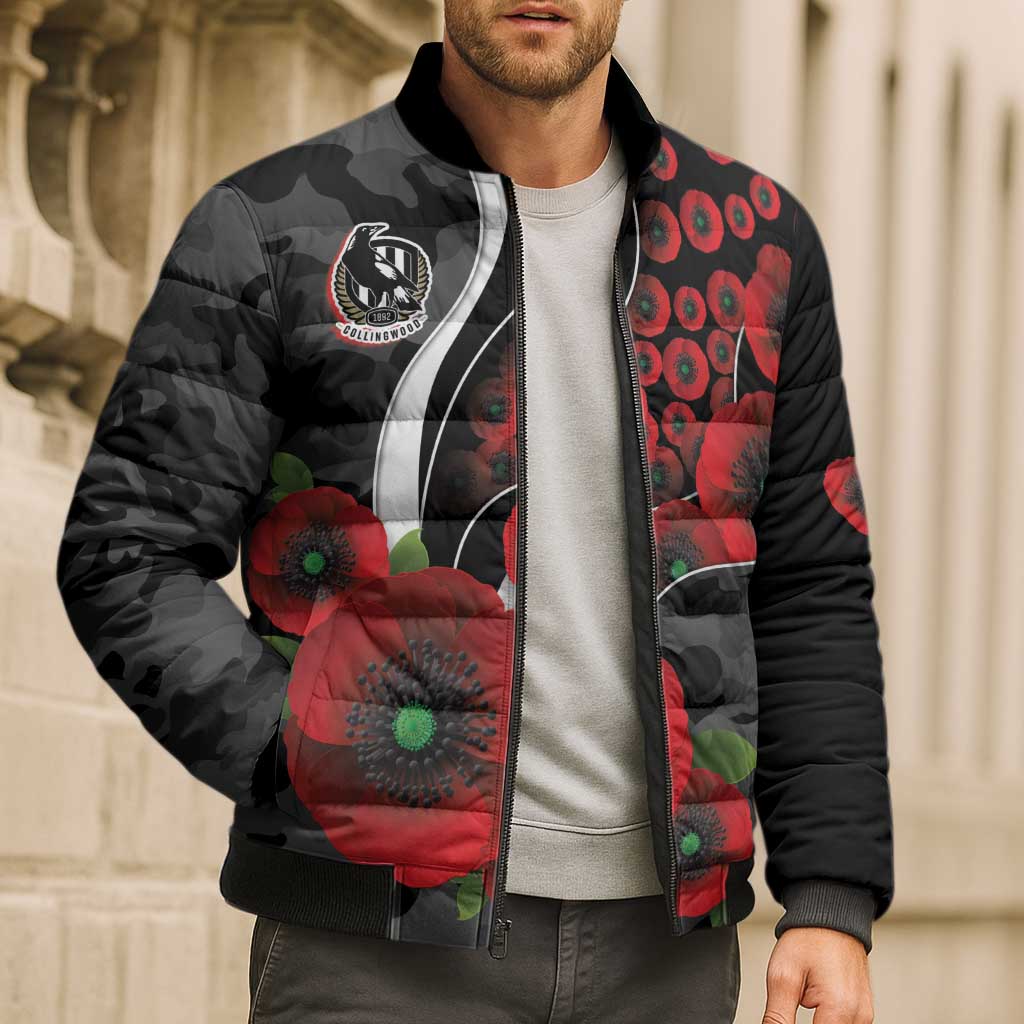 Collingwood Magpies ANZAC Personalised Bomber Puffer Jacket Lest We Forget Poppy Camo
