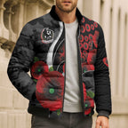 Collingwood Magpies ANZAC Personalised Bomber Puffer Jacket Lest We Forget Poppy Camo