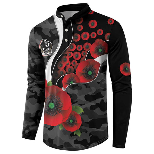 Collingwood Magpies ANZAC Personalised Button Sweatshirt Lest We Forget Poppy Camo