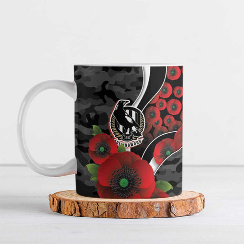 Collingwood Magpies ANZAC Personalised Ceramic Mug Lest We Forget Poppy Camo