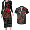 Collingwood Magpies ANZAC Personalised Couples Matching Long Sleeve Bodycon Dress and Hawaiian Shirt Lest We Forget Poppy Camo