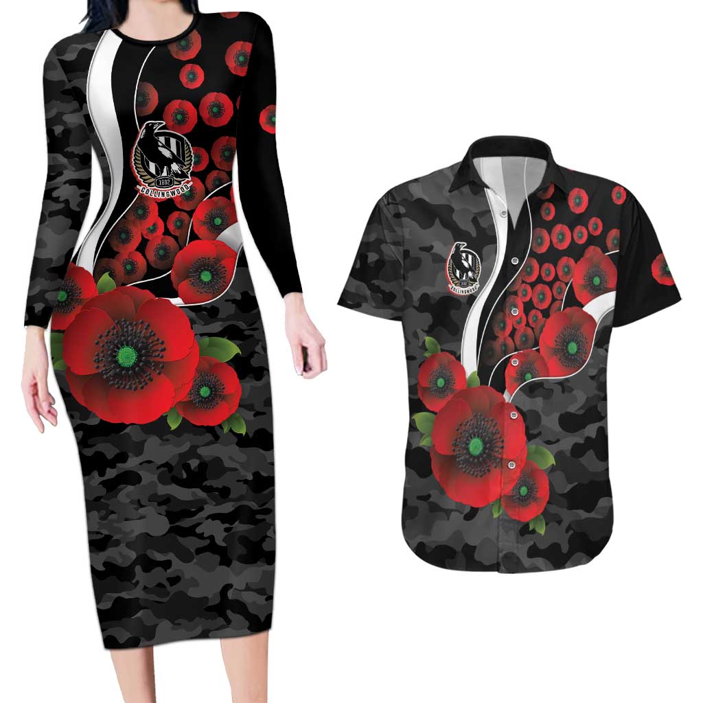 Collingwood Magpies ANZAC Personalised Couples Matching Long Sleeve Bodycon Dress and Hawaiian Shirt Lest We Forget Poppy Camo