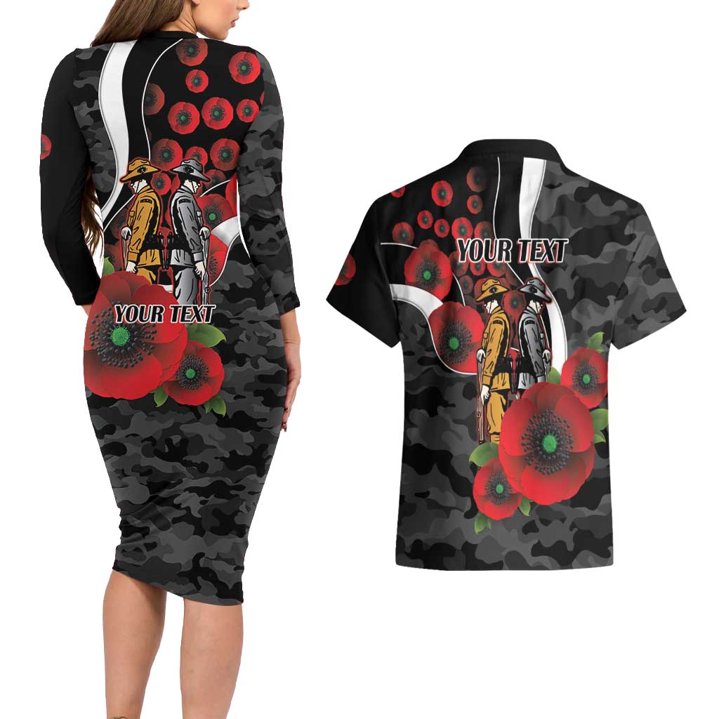 Collingwood Magpies ANZAC Personalised Couples Matching Long Sleeve Bodycon Dress and Hawaiian Shirt Lest We Forget Poppy Camo