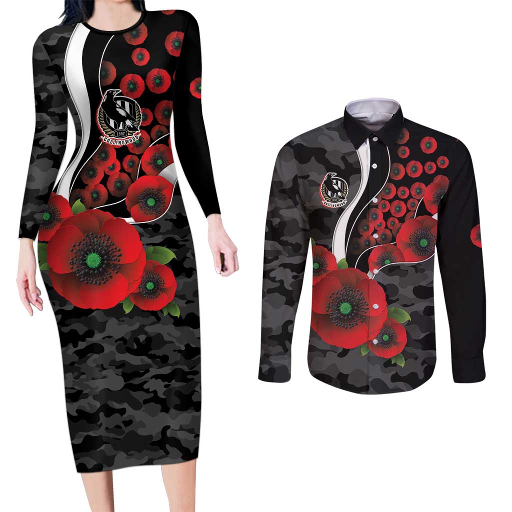 Collingwood Magpies ANZAC Personalised Couples Matching Long Sleeve Bodycon Dress and Long Sleeve Button Shirt Lest We Forget Poppy Camo