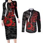 Collingwood Magpies ANZAC Personalised Couples Matching Long Sleeve Bodycon Dress and Long Sleeve Button Shirt Lest We Forget Poppy Camo