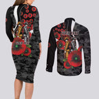Collingwood Magpies ANZAC Personalised Couples Matching Long Sleeve Bodycon Dress and Long Sleeve Button Shirt Lest We Forget Poppy Camo