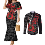 Collingwood Magpies ANZAC Personalised Couples Matching Mermaid Dress and Long Sleeve Button Shirt Lest We Forget Poppy Camo