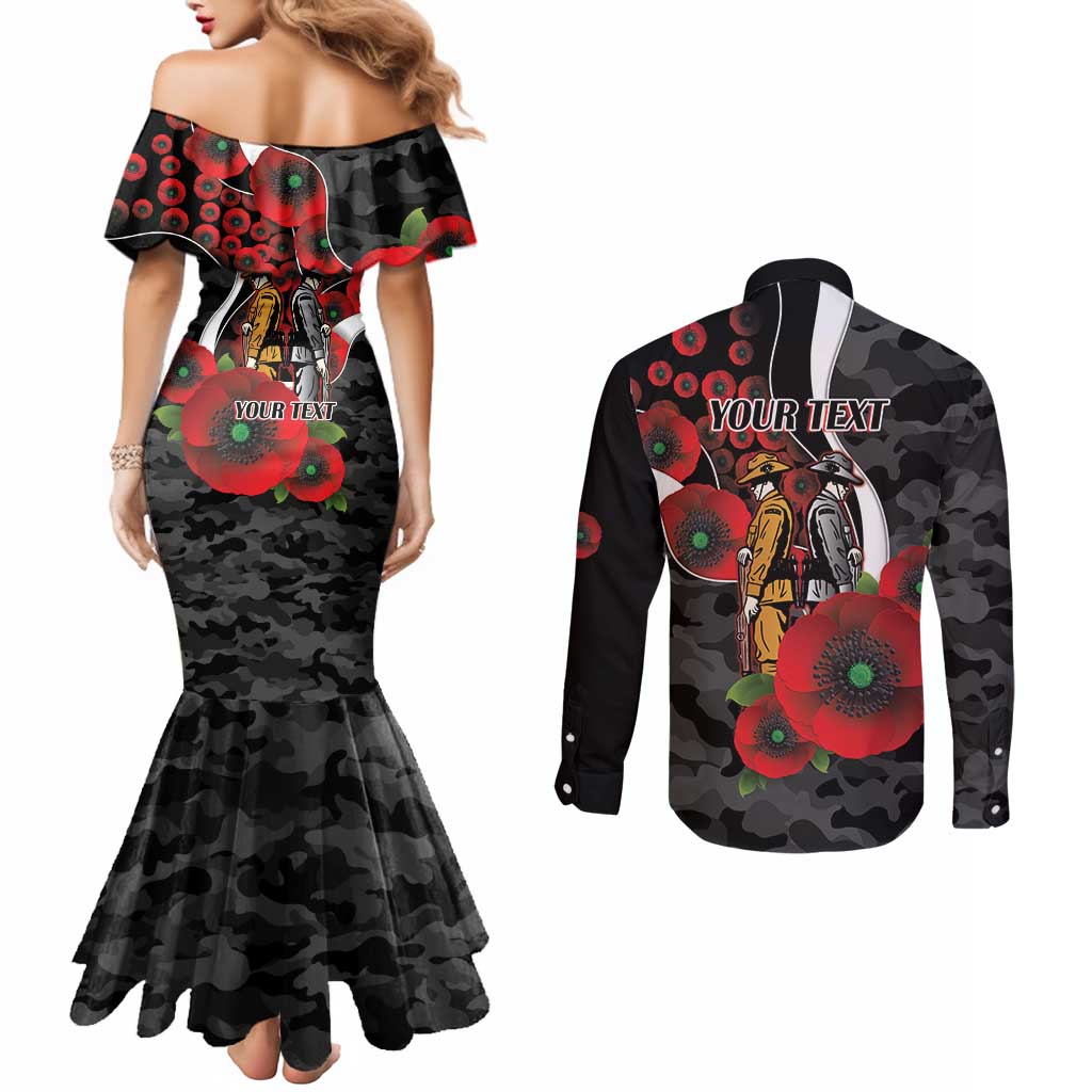 Collingwood Magpies ANZAC Personalised Couples Matching Mermaid Dress and Long Sleeve Button Shirt Lest We Forget Poppy Camo