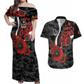Collingwood Magpies ANZAC Personalised Couples Matching Off Shoulder Maxi Dress and Hawaiian Shirt Lest We Forget Poppy Camo