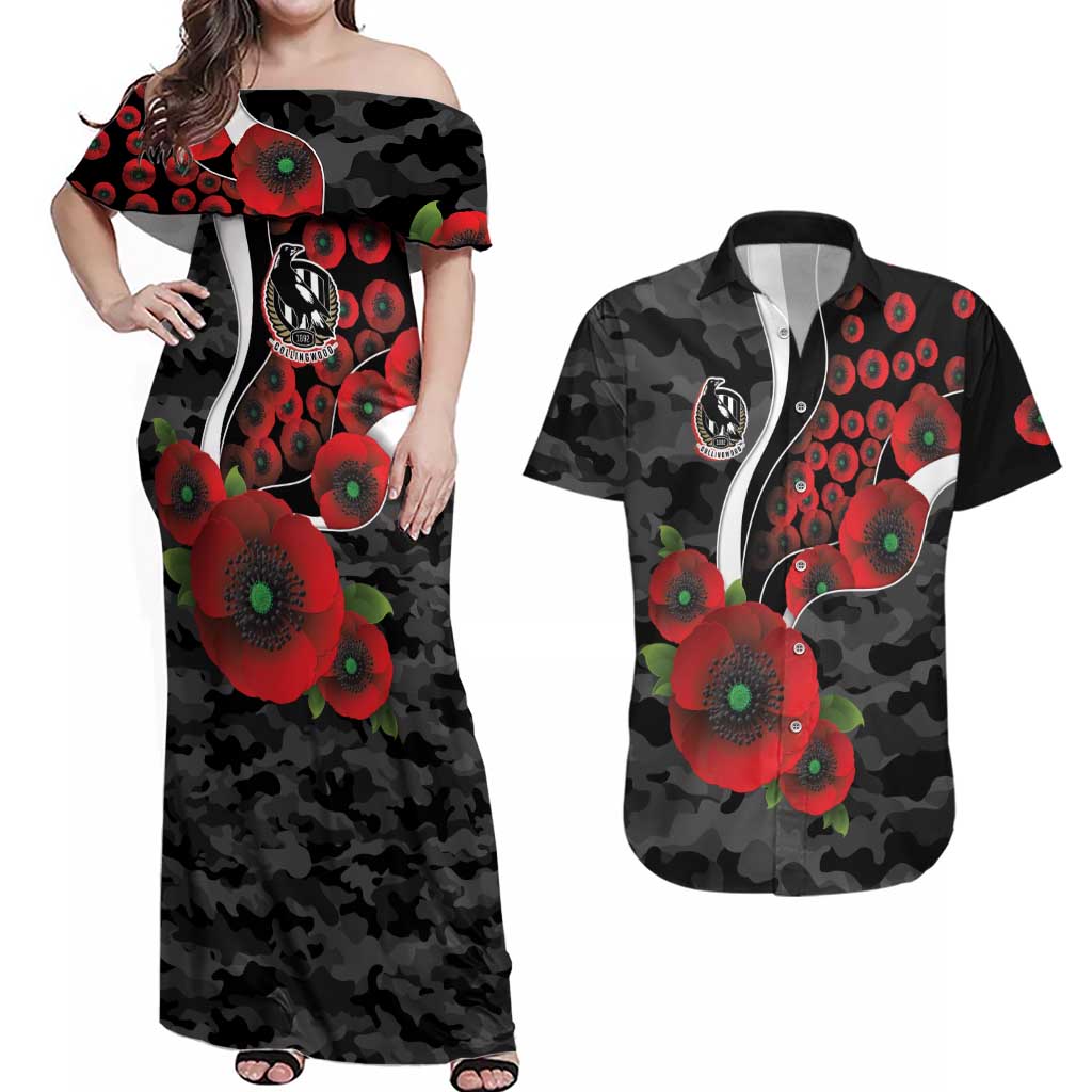 Collingwood Magpies ANZAC Personalised Couples Matching Off Shoulder Maxi Dress and Hawaiian Shirt Lest We Forget Poppy Camo