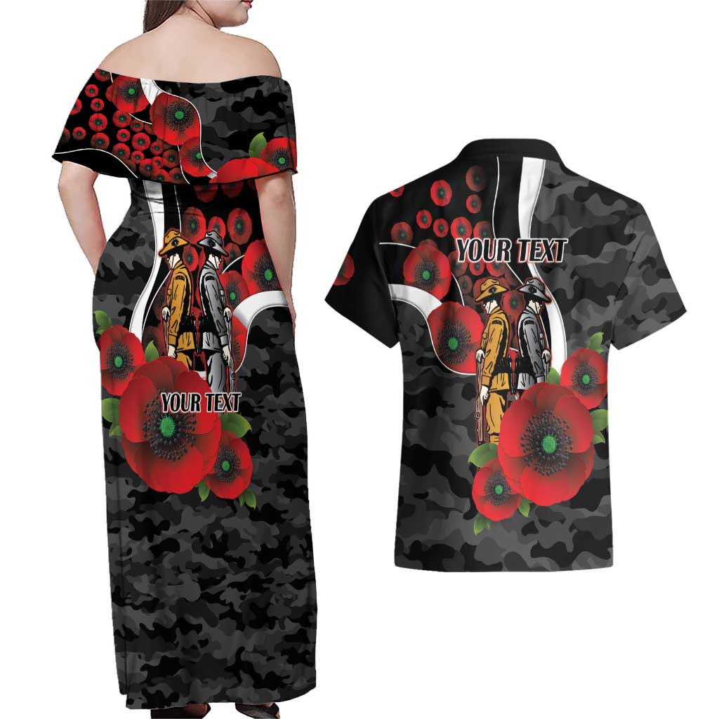 Collingwood Magpies ANZAC Personalised Couples Matching Off Shoulder Maxi Dress and Hawaiian Shirt Lest We Forget Poppy Camo