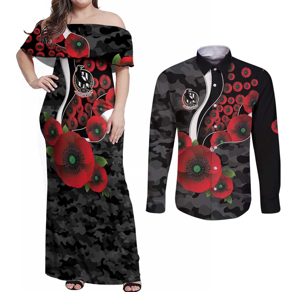 Collingwood Magpies ANZAC Personalised Couples Matching Off Shoulder Maxi Dress and Long Sleeve Button Shirt Lest We Forget Poppy Camo