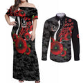 Collingwood Magpies ANZAC Personalised Couples Matching Off Shoulder Maxi Dress and Long Sleeve Button Shirt Lest We Forget Poppy Camo