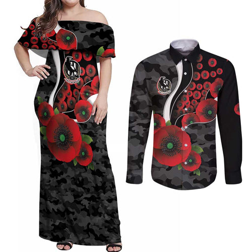 Collingwood Magpies ANZAC Personalised Couples Matching Off Shoulder Maxi Dress and Long Sleeve Button Shirt Lest We Forget Poppy Camo