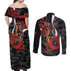Collingwood Magpies ANZAC Personalised Couples Matching Off Shoulder Maxi Dress and Long Sleeve Button Shirt Lest We Forget Poppy Camo