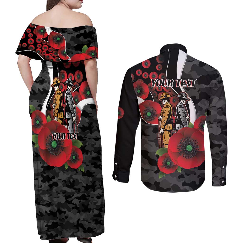 Collingwood Magpies ANZAC Personalised Couples Matching Off Shoulder Maxi Dress and Long Sleeve Button Shirt Lest We Forget Poppy Camo