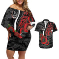 Collingwood Magpies ANZAC Personalised Couples Matching Off Shoulder Short Dress and Hawaiian Shirt Lest We Forget Poppy Camo