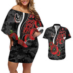 Collingwood Magpies ANZAC Personalised Couples Matching Off Shoulder Short Dress and Hawaiian Shirt Lest We Forget Poppy Camo