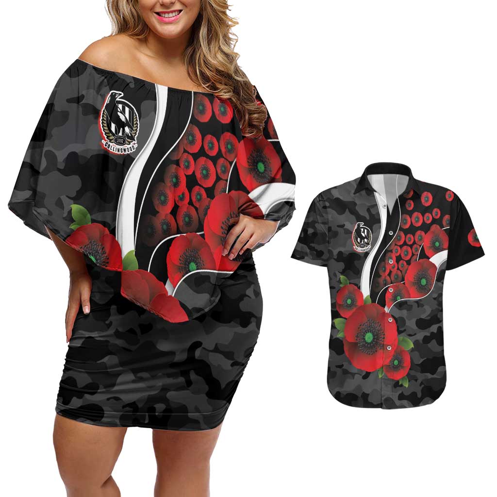 Collingwood Magpies ANZAC Personalised Couples Matching Off Shoulder Short Dress and Hawaiian Shirt Lest We Forget Poppy Camo