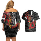 Collingwood Magpies ANZAC Personalised Couples Matching Off Shoulder Short Dress and Hawaiian Shirt Lest We Forget Poppy Camo
