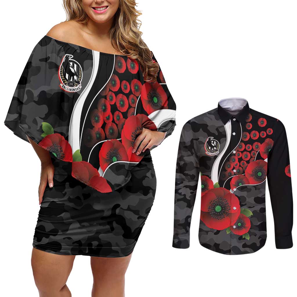 Collingwood Magpies ANZAC Personalised Couples Matching Off Shoulder Short Dress and Long Sleeve Button Shirt Lest We Forget Poppy Camo