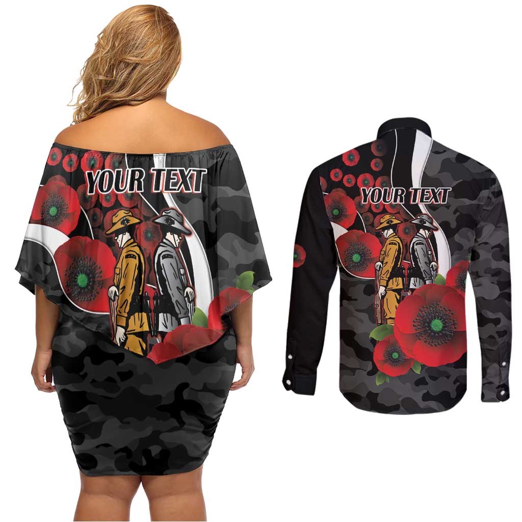 Collingwood Magpies ANZAC Personalised Couples Matching Off Shoulder Short Dress and Long Sleeve Button Shirt Lest We Forget Poppy Camo